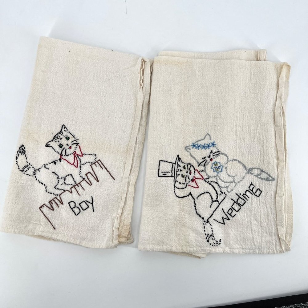 Vintage Hand Embroidered Natural Undyed Cotton Tea Cloth or Heavy Towels Wedding